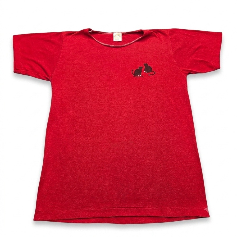 Vintage‎ 80s Black Cat Graphic T-Shirt Small Red Sportswear 50/50 Made in USA